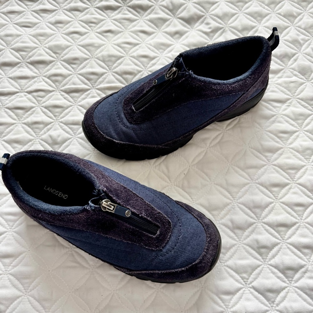 Lands' End All-Weather Front Zip Up Shoe Boots Mocs Slip-on Suede Navy Blue Sz 6